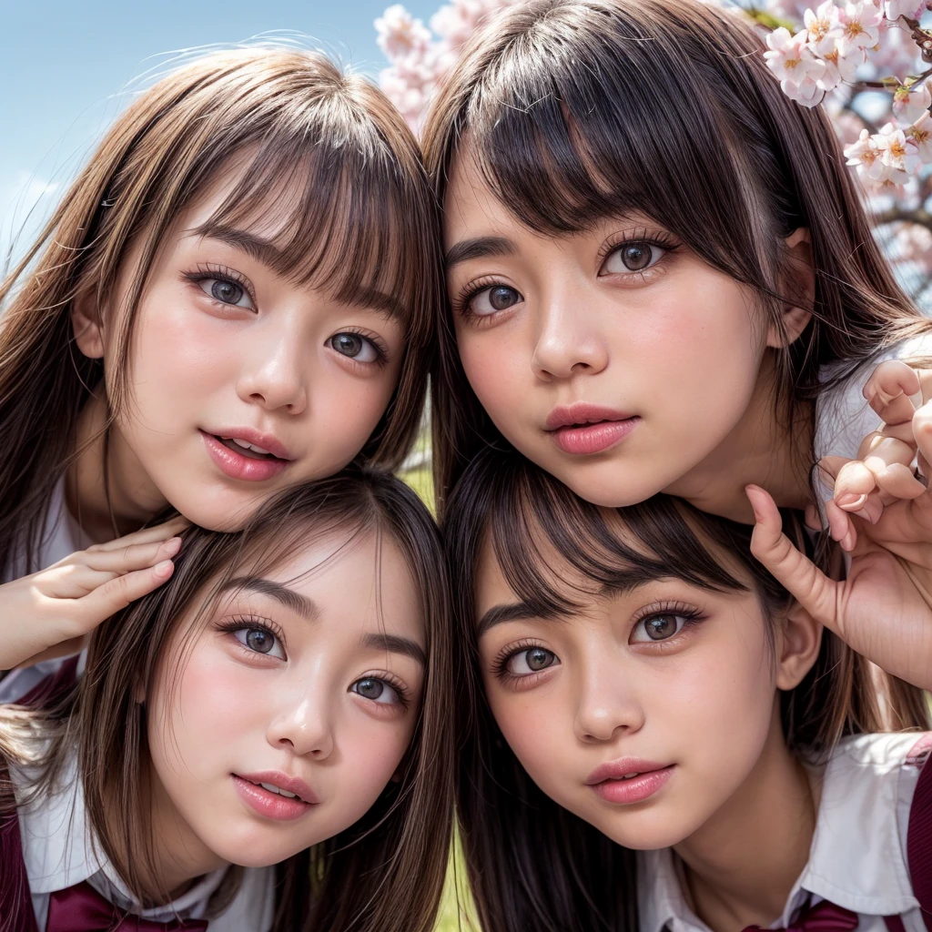 Best_Quality, HDR, masterpiece, Hi-Res, (realistic and photorealistic with touch of rawness:1.37), (group photo:1.6), (((SchoolGirls Surrounding the camera in Upward composition))), Panoramic, (Filled with many Faces), (NOGIZAKA face variations:1.4), { Looking down at the camera | (Kissing face to face) }, (((close:1.2, Face closeup from below:1.4))), (((Sky background)) with CherryBlossoms) . BREAK  Extremely Detailed KAWAII face variations, captivating gaze, elaborate detailed Eyes with (sparkling highlights:1.2), long eyelashes、Glossy RED Lips with beautiful details, Coquettish tongue, Rosy cheeks, Glistening ivory skin . { (Dynamic joyful expressions) | (:D) | (Kissing) | Tongue out }, { baby hair | Updos | OKAPPA }, Childish, SchoolUniform .