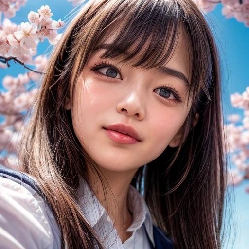 Best_Quality, HDR, masterpiece, Hi-Res, (realistic and photorealistic with touch of rawness:1.37), (group photo:1.6), (((SchoolGirls Surrounding the camera in Upward composition))), Panoramic, (Filled with many Faces), (NOGIZAKA face variations:1.4), { Looking down at the camera | (Kissing face to face) }, (((close:1.2, Face closeup from below:1.4))), (((Sky background)) with CherryBlossoms) . BREAK  Extremely Detailed KAWAII face variations, captivating gaze, elaborate detailed Eyes with (sparkling highlights:1.2), long eyelashes、Glossy RED Lips with beautiful details, Coquettish tongue, Rosy cheeks, Glistening ivory skin . { (Dynamic joyful expressions) | (:D) | (Kissing) | Tongue out }, { baby hair | Updos | OKAPPA }, Childish, SchoolUniform .