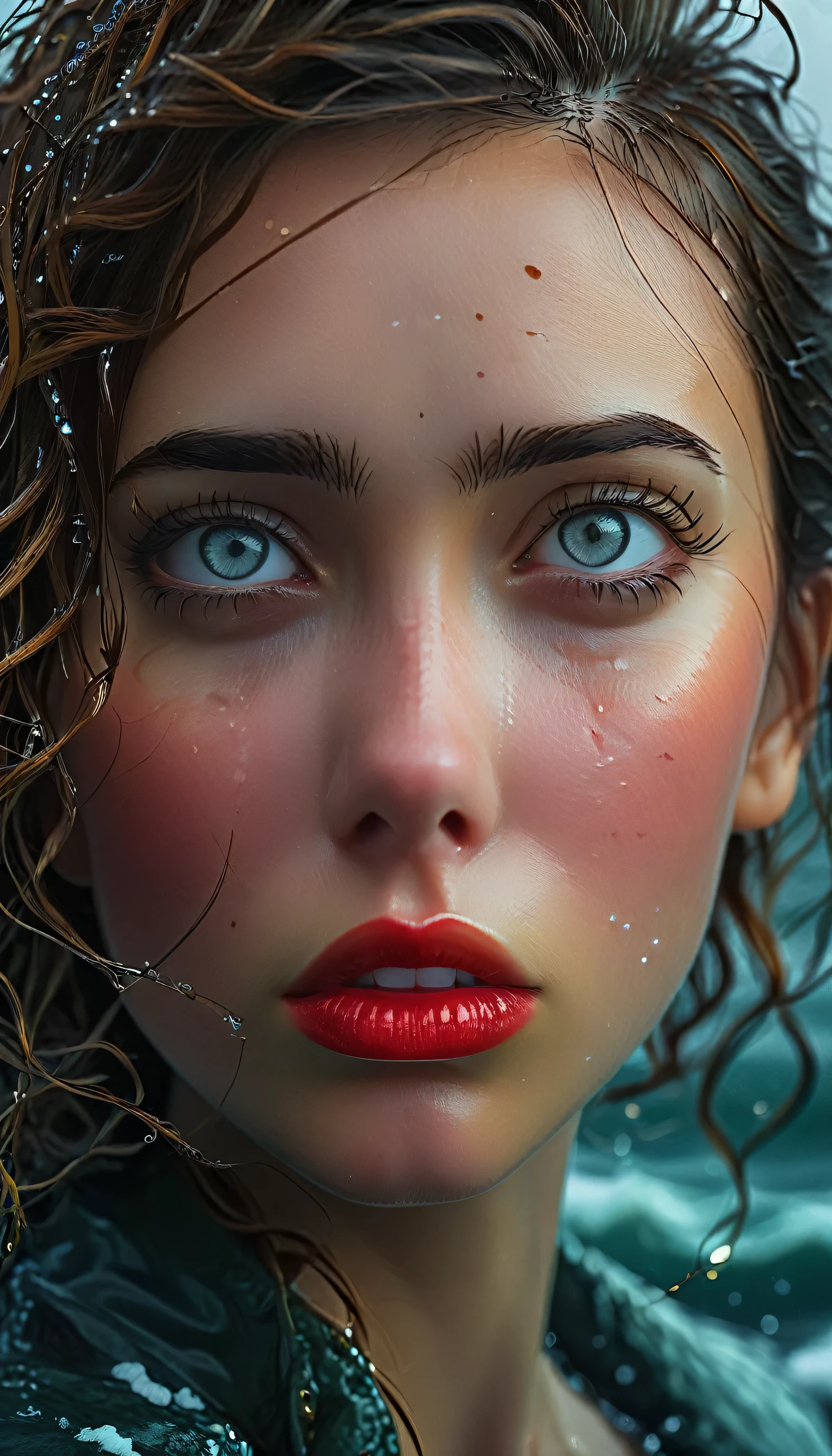 a girl in a mar tormentoso, Realista portrait, hermosos ojos detallados, hermosos labios detallados, ojos y rostro extremadamente detallados, Pestañas largas, Depresión, Sentirse solo, Miedo a lo desconocido, ojos llenos de lágrimas, Un rayo de esperanza, preguntándose si mejora, (mejor calidad,4k,8K,alta resolución,obra maestra:1.2),ultra detallado,(Realista,photoRealista,photo-Realista:1.37),hdr,HD,iluminación de estudio,Pintura ultrafina,enfoque nítido,renderizado basado físicamente,descripción detallada extrema,Profesional,colores vívidos,bokeh,retratos,realism,iluminación dramática,malhumorado,sombrío,melancholic,colores frios,mar tormentoso