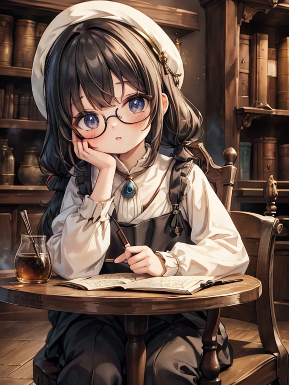 masterpiece, highest quality, Very detailed, 16k, Ultra-high resolution, Cowboy Shot, Detailed face, Perfect Fingers, 10 year old female,  black eye, Black Hair, Shortcuts, Glasses, Luxurious Western-style building, renaissance_alchemist_studio, library, Bookshelf, table, Black tea, cake, Chair, Chairに座る