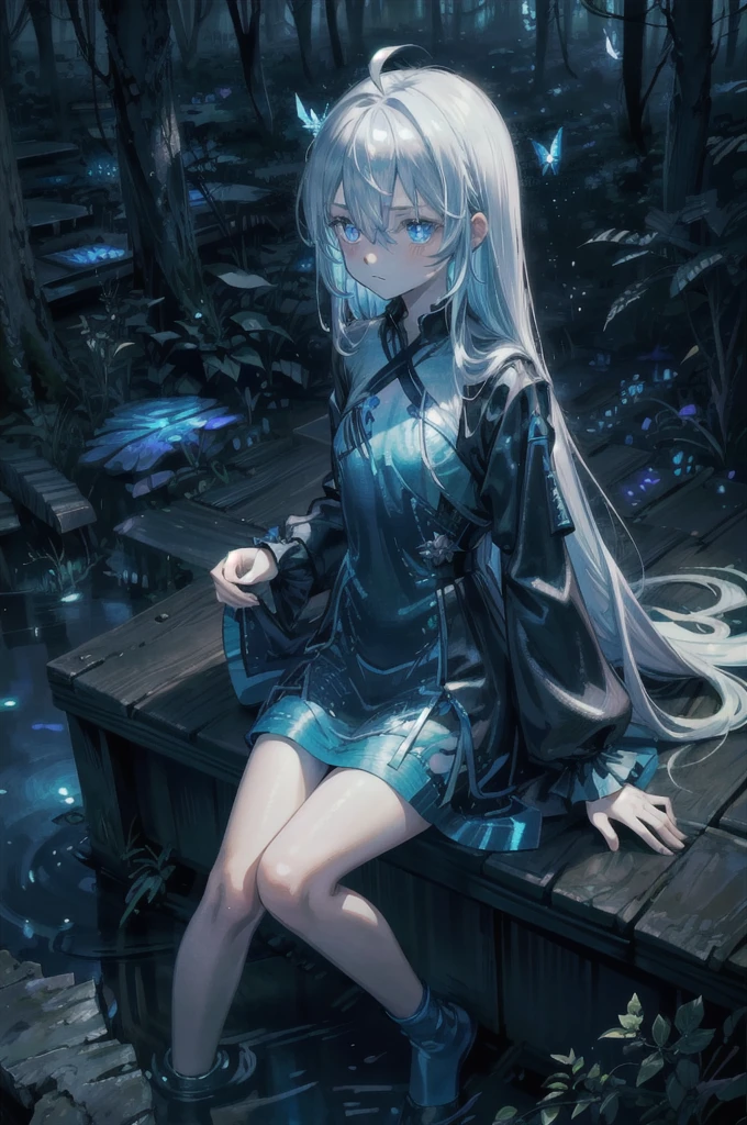 ((beste Qualität, Meisterwerk, absurbres, Super-Auflösung)), stimmungsvolle Beleuchtung, abstrakte Anime-Illustration, 1 Mädchen, blaues biolumineszierendes Kleid, leuchtende Schmetterlinge, Nacht, schöner Wald, (Fantasie:1.2), Mondlicht, blaues Thema, (absurd lange Haare:1.2), Ahoge, weißes Haar, blasse Haut, schöne blaue Augen, flache Brust, Betrachter betrachten, ausdruckslos, Haare zwischen den Augen,  unheimlich, dunkel, Felsen, Sitzung
