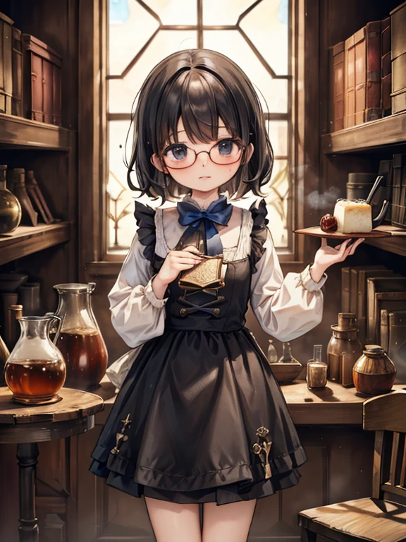 masterpiece, highest quality, Very detailed, 16k, Ultra-high resolution, Cowboy Shot, Detailed face, Perfect Fingers, 10 year old female,  black eye, Black Hair, Shortcuts, Glasses, Blue Apron Dress, White blouse, flare skirt, Drawers, Black shoes, Luxurious Western-style building, renaissance_alchemist_studio, library, Bookshelf, table, Black tea, cake, Chair, Chairに座る