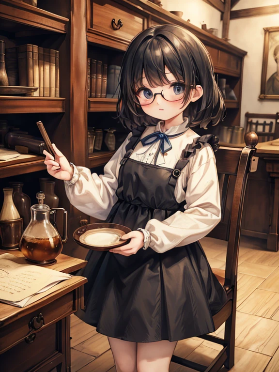 masterpiece, highest quality, Very detailed, 16k, Ultra-high resolution, Cowboy Shot, Detailed face, Perfect Fingers, 10 year old female,  black eye, Black Hair, Shortcuts, Glasses, Blue Apron Dress, White blouse, flare skirt, Drawers, Black shoes, Luxurious Western-style building, renaissance_alchemist_studio, library, Bookshelf, table, Black tea, cake, Chair, Chairに座る