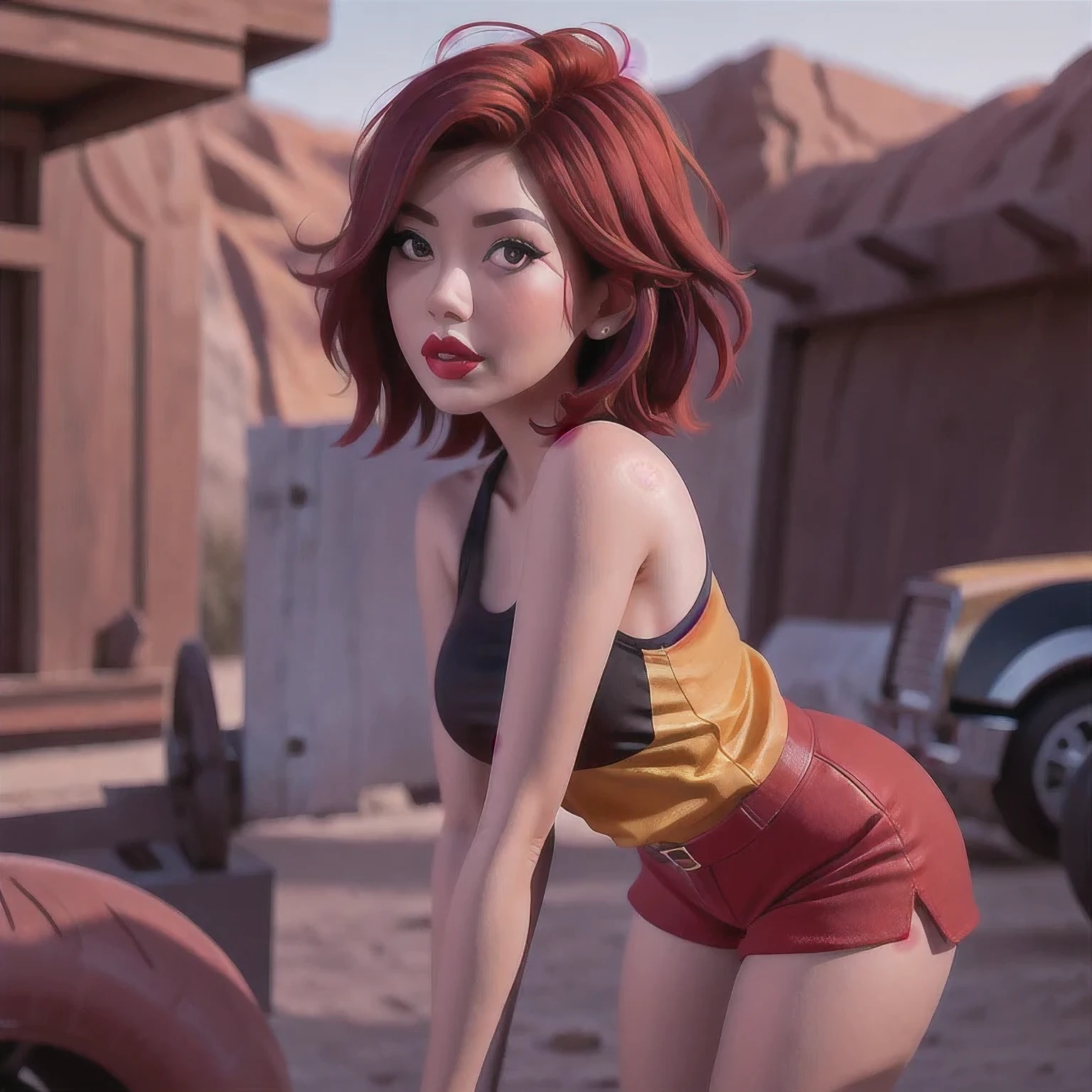 （（（1 Girl）））1 Girl
3d
bare shoulders
black eyes
black hair
blurry
blurry background
breasts
brown eyes
depth of field
leaning forward
lips
lipstick
looking at viewer
makeup
nose
outdoors
realistic
red lips
short hair
shorts
solo
tank top，(Desert Abyss)
