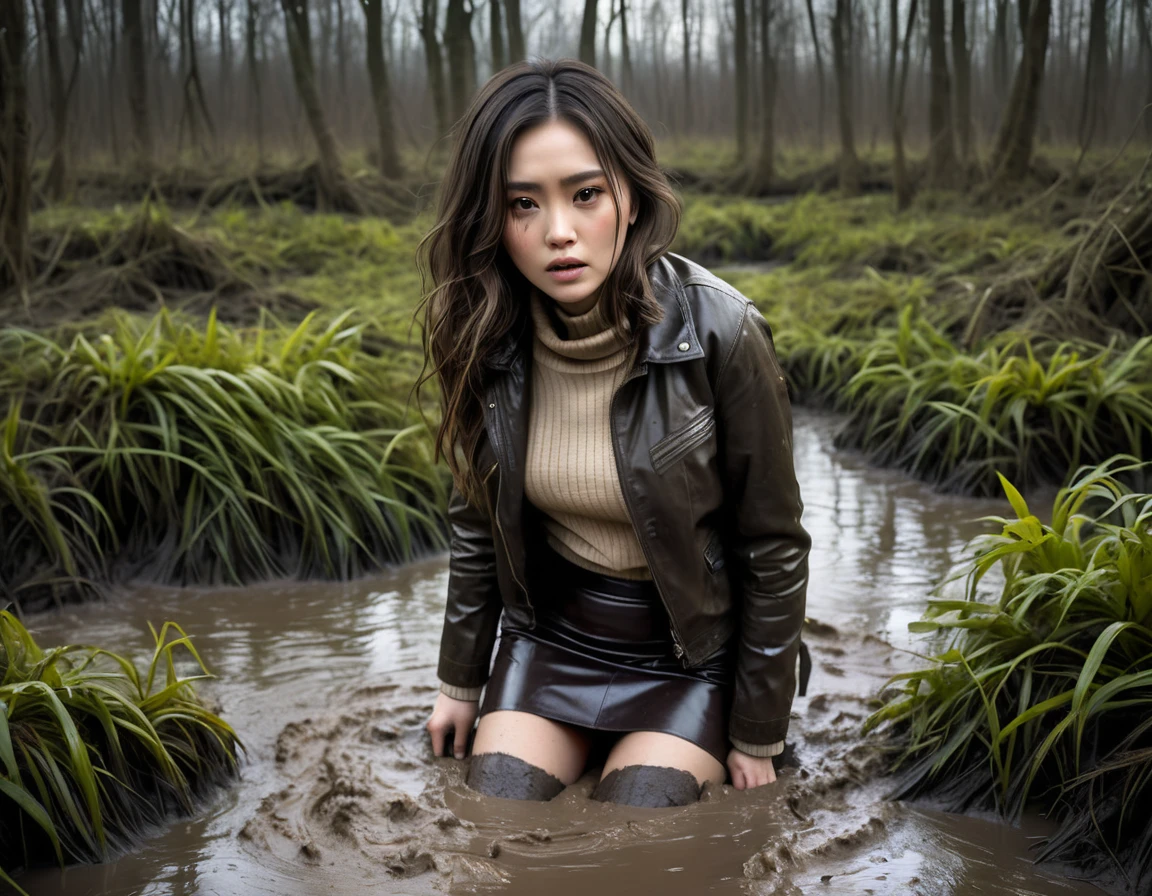 from above view, a woman struggling in a muddy swamp, depraved expression, long messy brunette hair, asian, deep hole:1.3, stockings, muddy pencil skirt, muddy leather jacket, muddy beige turtleneck sweater, mature, (best quality,4k,8k,highres,masterpiece:1.2),ultra-detailed,(realistic,photorealistic,photo-realistic:1.37),dark moody lighting,dramatic shadows,gritty horror style, vegetation, orange,