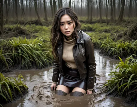 from above view, a woman struggling in a muddy swamp, depraved expression, long messy brunette hair, asian, deep hole:1.3, stock...