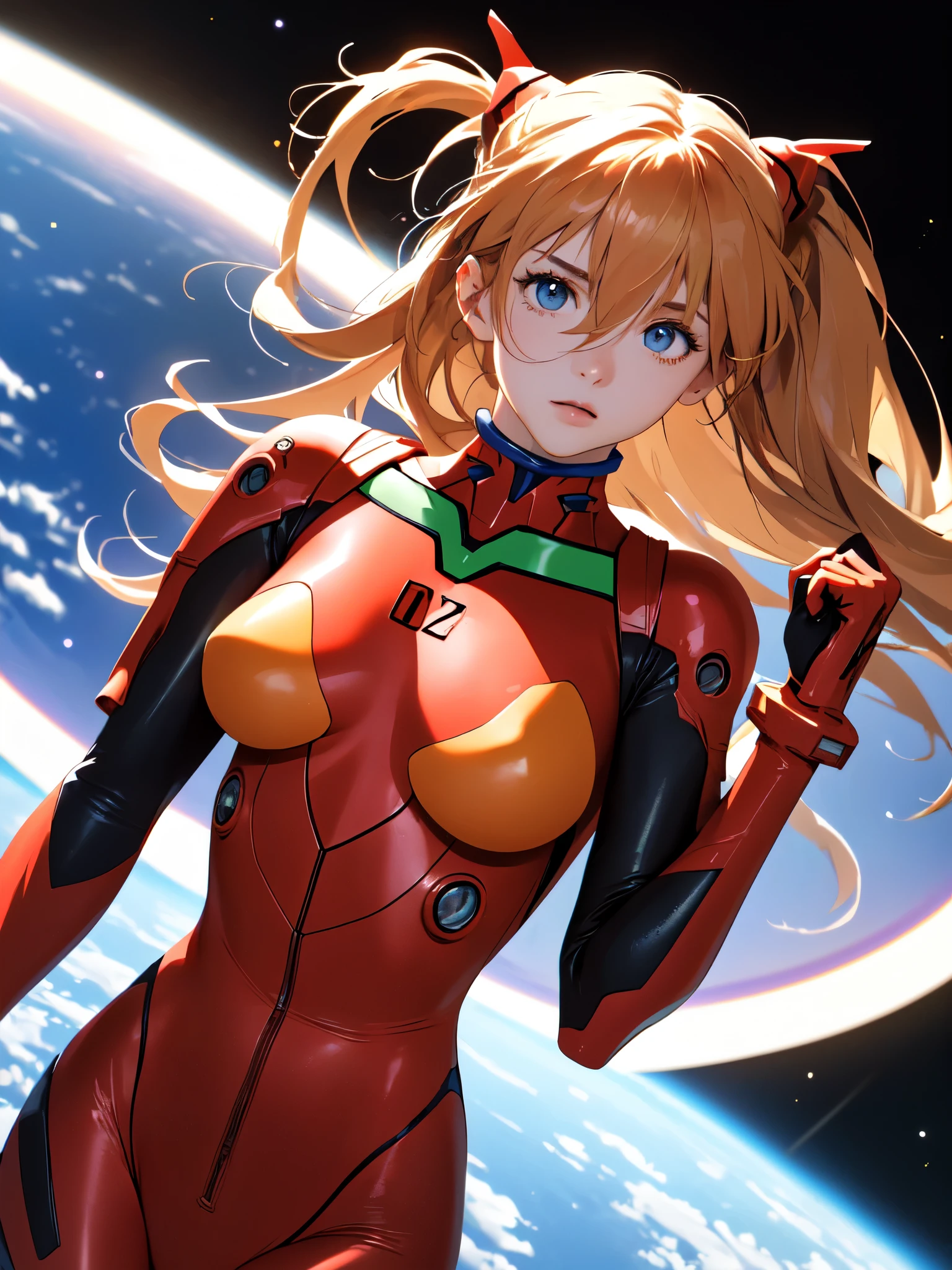 (masterpiece, highest quality), One Girl, Beautiful Face, Beautiful body, souryuu_Asuka_Langley, Plug Suit, Bodysuits, Interface Headset, red Bodysuits, Hair between the eyes, Pilot Suit,((Please show me your whole body:1.5)), The background is space (Amazing details, Excellent lighting, Wide-angle)