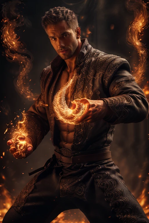 realistic, ((masterpiece)), ((best quality)), (detailed), cinematic, dynamic lighting, soft shadow, detailed background, professional photography, depth of field, intricate, detailed face, subsurface scattering, realistic hair, realistic eyes, muscular, manly, photo of a handsome man, pyromancer,