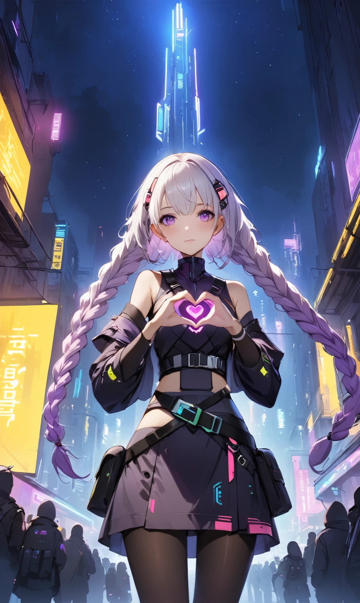  (cyberpunk), cyberpunk (série), 1 fille, main de coeur, 2 longues tresses, ceinture, collants, manches séparées, yeux violets,  Garder, Garder Bras, En regardant le public, nuit, nuit Ciel, poche, Ciel, Solitaire, Bras, cheveux blancs, 