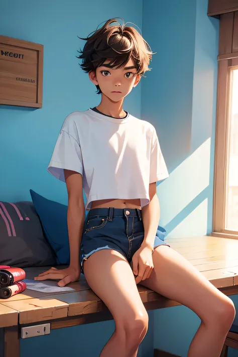 Teenage boy 15 years old, the boy is wearing a cropped shirt and too very much short mini shorts, the boy's legs are long and be...