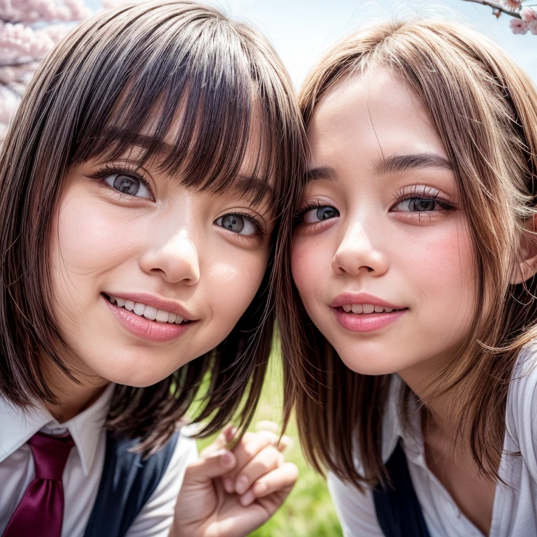 Best_Quality, HDR, masterpiece, Hi-Res, (realistic and photorealistic with touch of rawness:1.37), (group photo:1.6), ((SchoolGirls Surrounding the camera in Upward composition)), Panoramic, (Filled with many Faces), (NOGIZAKA face variations:1.4), { Looking down at the camera | (Kissing face to face) }, (((close:1.2, Face closeup from below:1.4))), (((Sky background)) with CherryBlossoms) . BREAK  Extremely Detailed KAWAII face variations, captivating gaze, elaborate detailed Eyes with (sparkling highlights:1.32), long eyelashes、Glossy RED Lips with beautiful details, Coquettish tongue, Rosy cheeks, Glistening ivory skin . { (Dynamic joyful expressions) | (:D) | (Kissing) }, Childish, SchoolUniform, Every girls have different hair colors and styles, { Slipped back hair | Bangs | Hime cut  | OKAPPA | White Silver hair | Blonde hair | Dark hair }