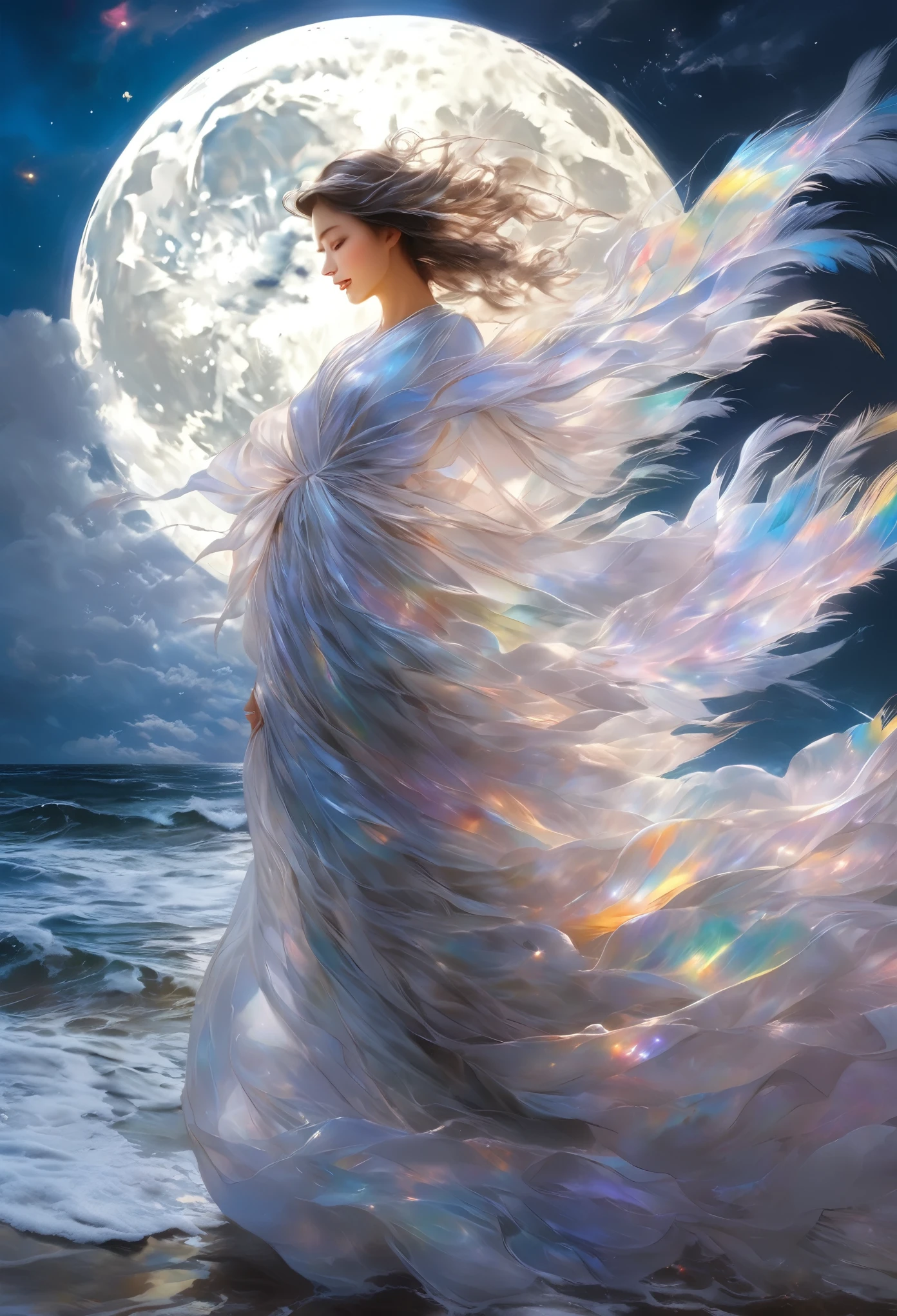 best quality, super fine, 16k, masterpiece, RAW photo, photorealistic, A three-dimensional depiction of undulating oil paintings, fusion of watercolors and oil paintings, combination of monochrome and color, the ocean and the galaxy universe in the big full moon during the day, the transparent translucent iridescent feather robe of heavenly maiden perched in the air and fluttering in the wind, wind, wind-effects, outstanding image effects, wonderful work of art