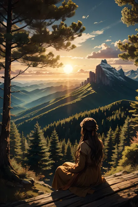 trees sun mountain girl sitting horizon beautiful image