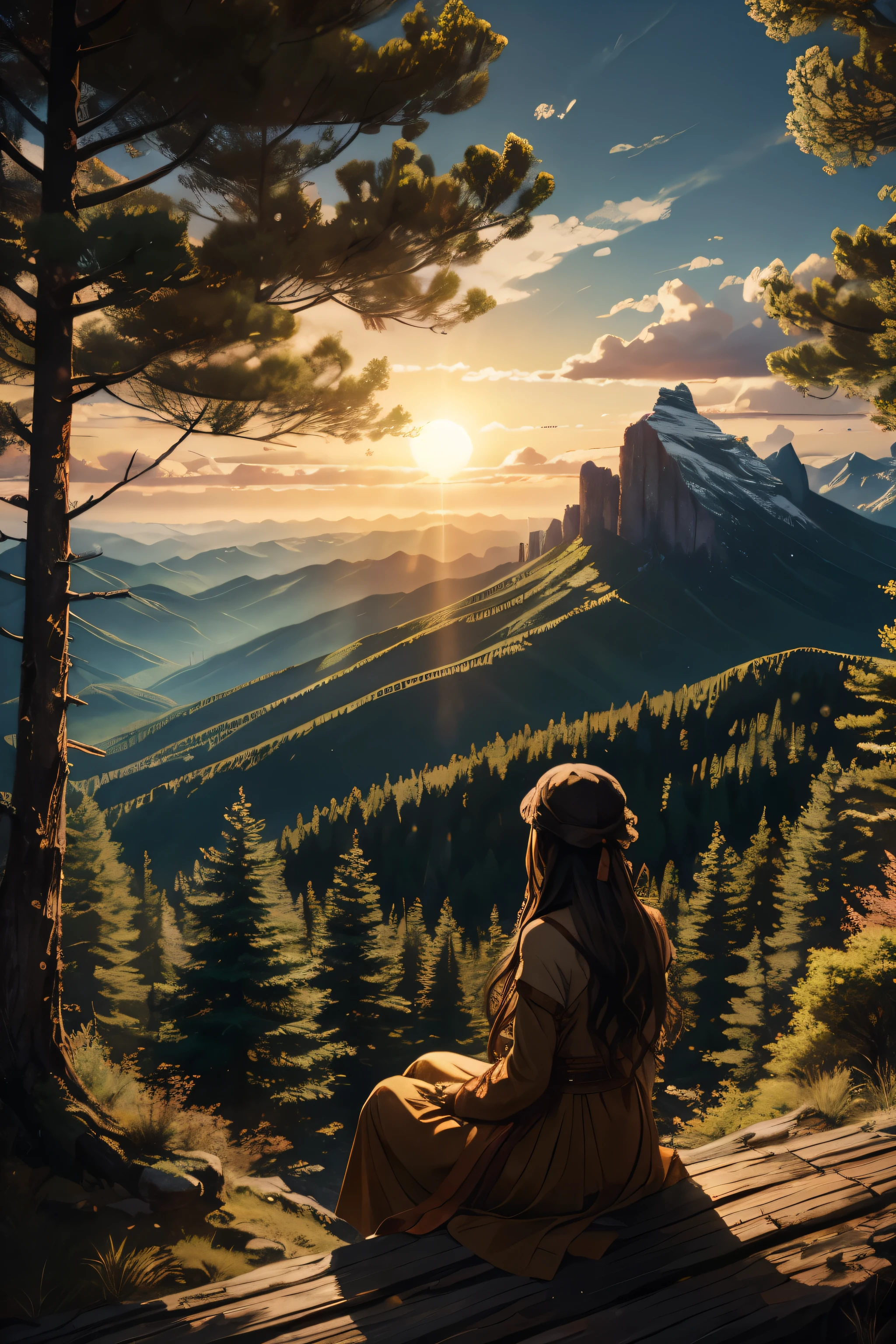 木 太陽 山 女の子 座る 地平線 美しい画像