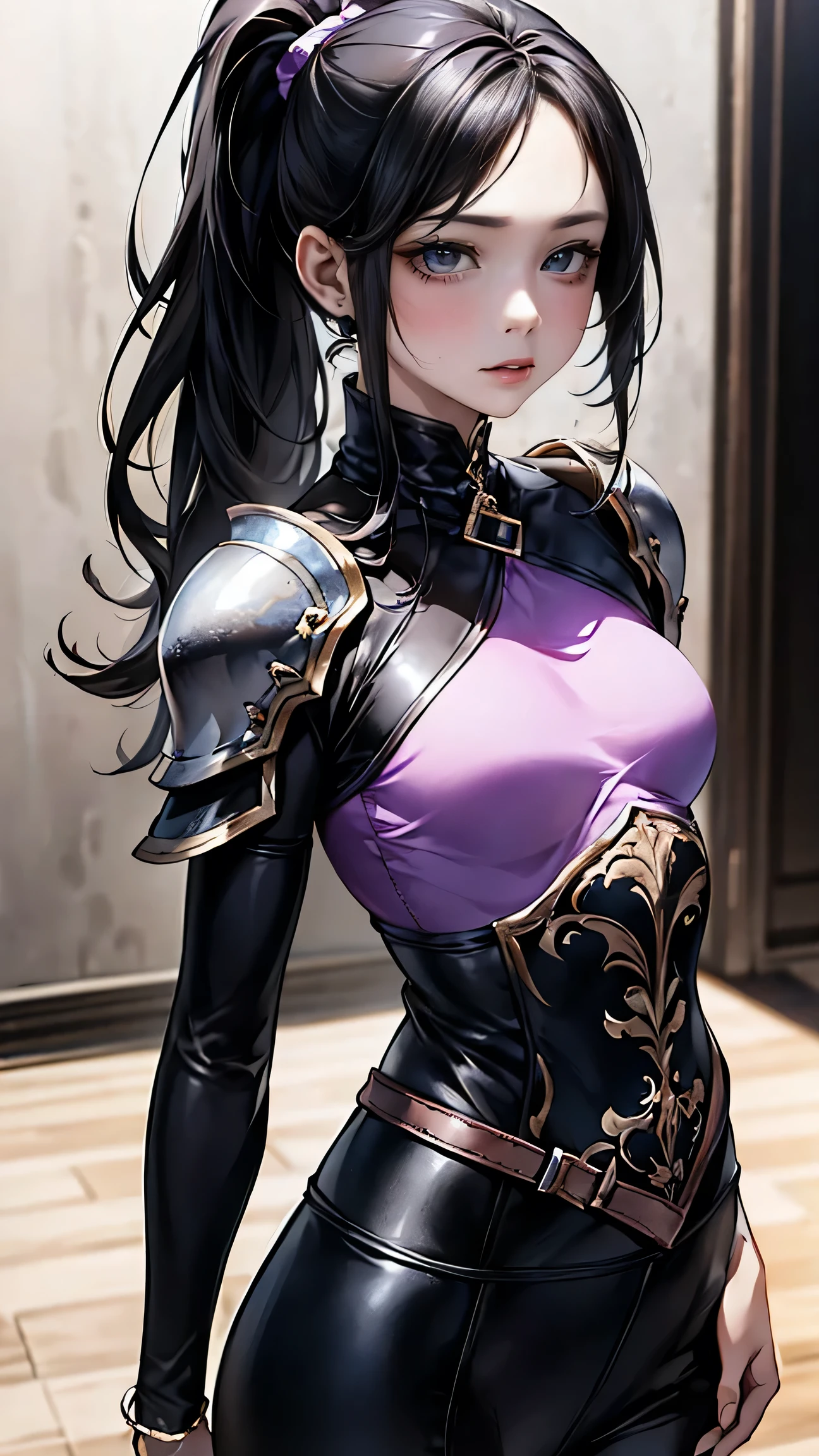 highest quality、masterpiece、8k、Realistic、超High resolution、Very delicate and beautiful、High resolution、Cinema Lighting、On the battlefield of another world、Portraiture、Glamorous physique:1.6、Bewitching Charm、(Medium breast:1.6)、Opposition、Looking at the audience、((Long black hair、ponytail:1.6、Deep purple eyes))、Intelligent and mysterious、Demonstrate calm observation、(Ovoid contours、Thin lips、Narrow eyes:1.3)、Lightweight and quick to move、((Black and purple leather armor:1.6、Designed for covert operations))。(Shoulder and waist holsters for throwing knives、A small silver charm bracelet on her left wrist)、Unobtrusive but magically protective、Walk quietly、Moves as smoothly as a shadow、View your viewers:1.5、
