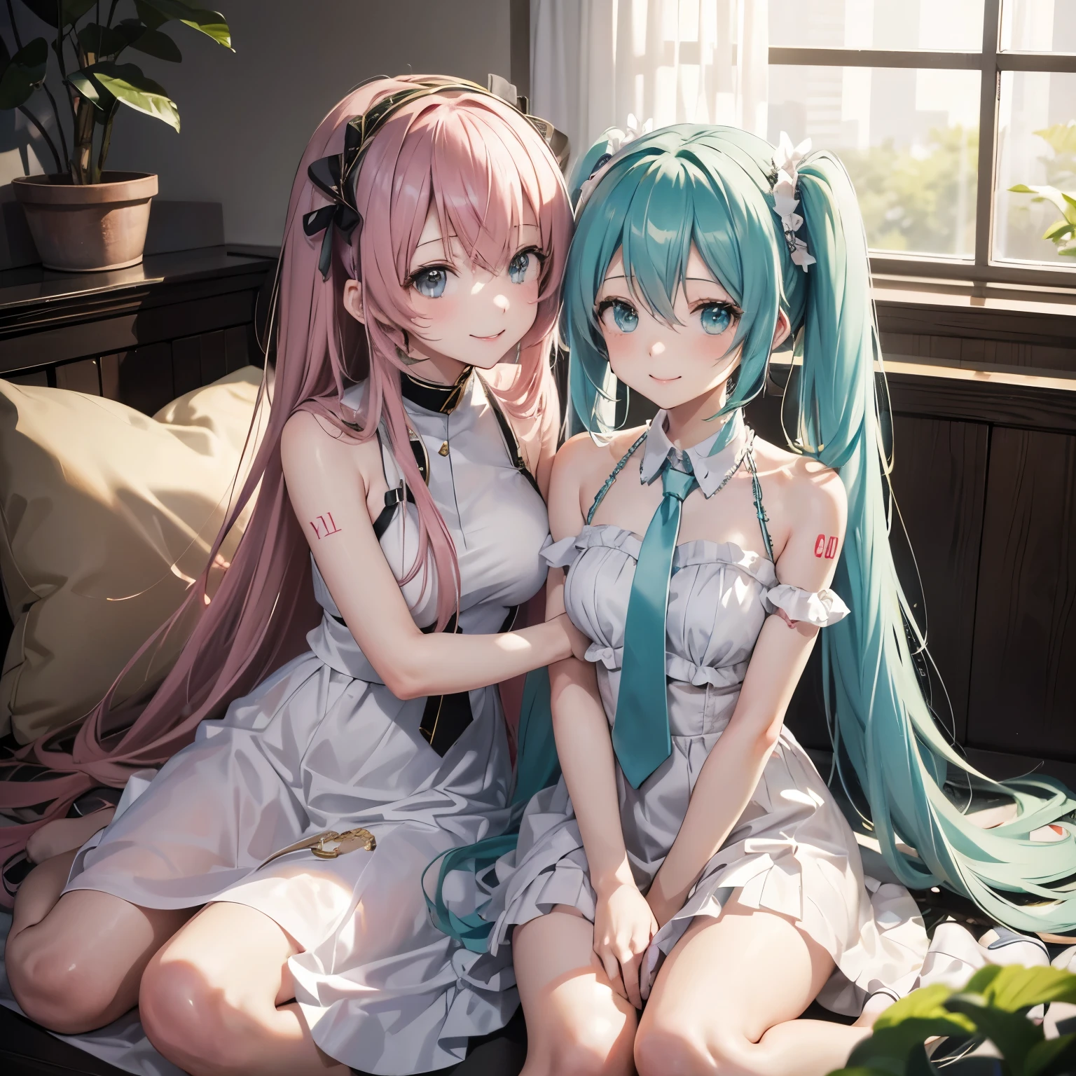 Hatsune miku、Megurine Luka、二人の女の子、笑顔、ここを見て、薄手の白いドレスを着て、彼らは抱き合っている、座っている