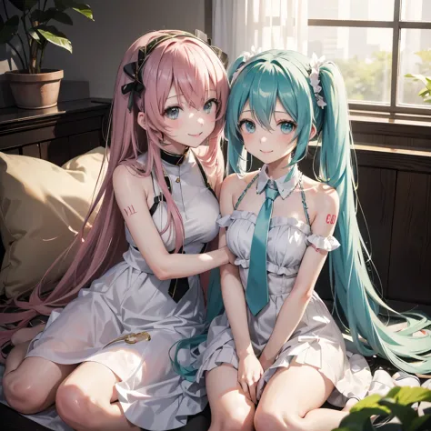 Hatsune Miku、megurine luka、Two Girls、smile、Look here、Wearing a light white dress、They are hugging each other、Sitting