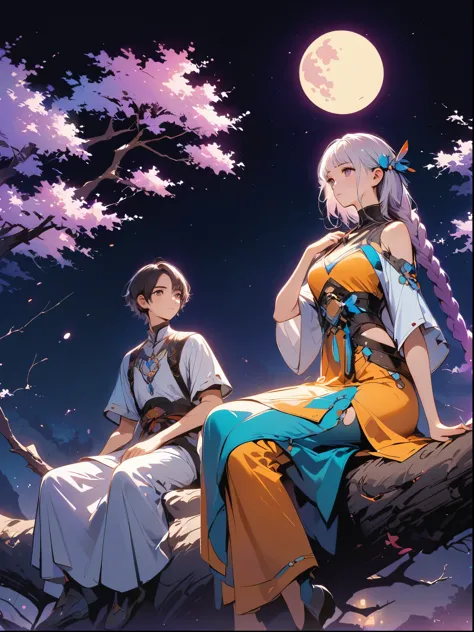 yinji, Romantic ancient style，night，Backlight，A man and a woman sitting on a tree branch，There is a full moon behind，Fresh color...