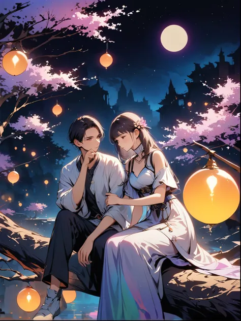 yinji, Romantic ancient style，night，Backlight，A man and a woman sitting on a tree branch，There is a full moon behind，Fresh color...