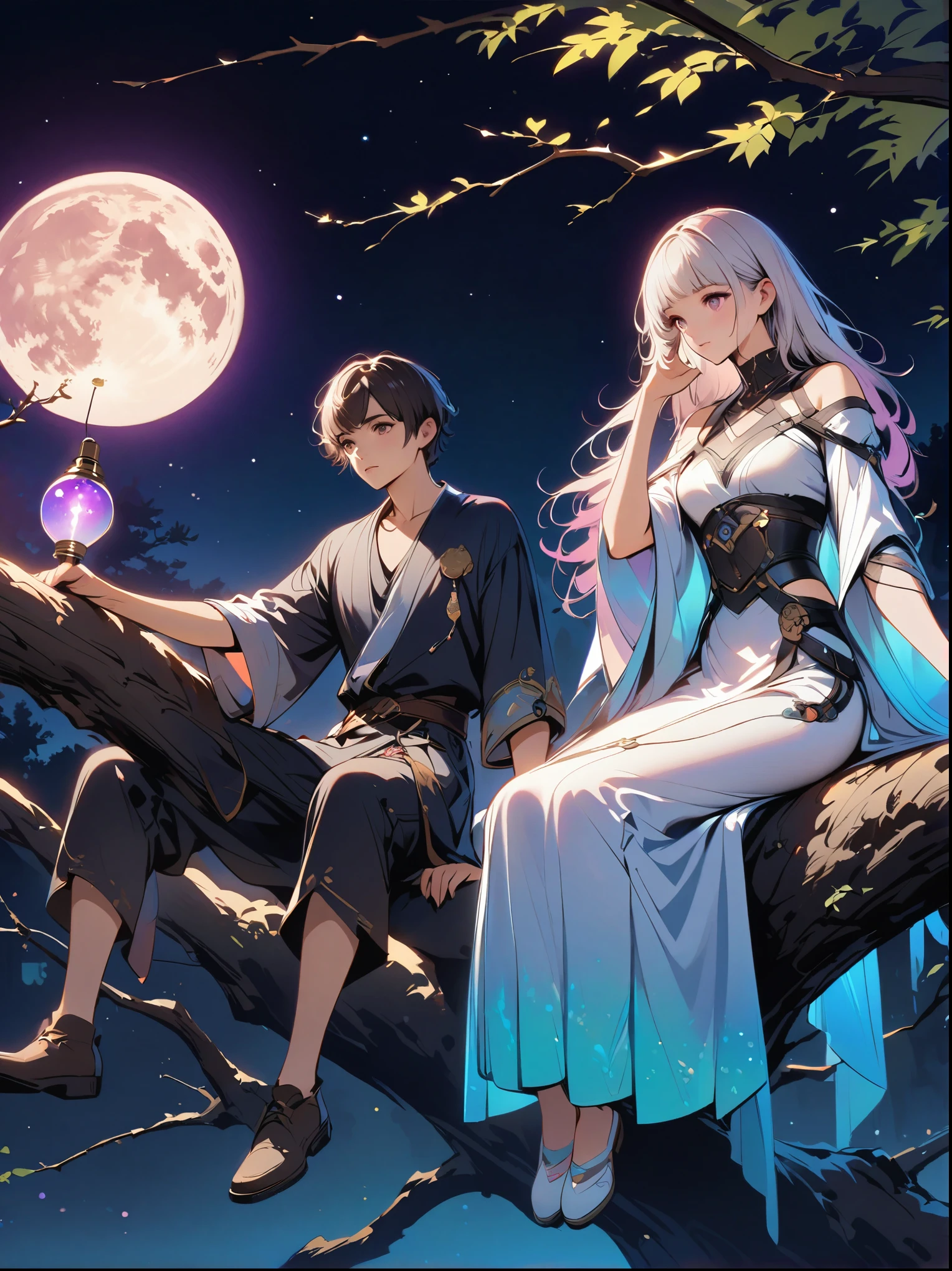 yinji, Romantic ancient style，night，Backlight，A man and a woman sitting on a tree branch，There is a full moon behind，Fresh colors，Soft colors，Diode lamp，Concept art style，Extremely complex details，Clear distinction between light and dark，Structured，Ultra HD, 1yj1