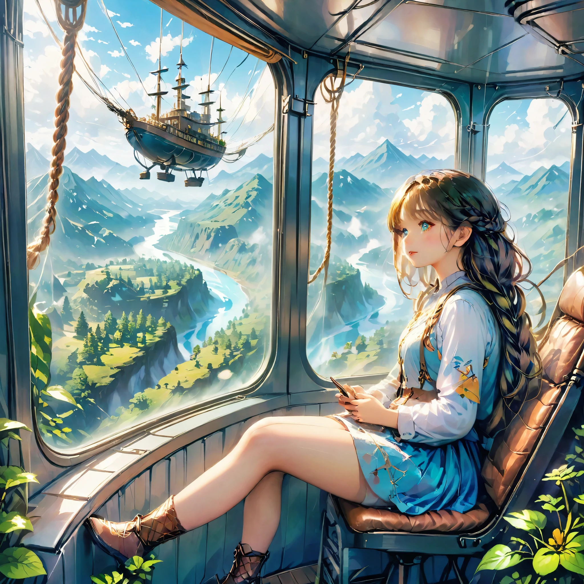 Realistic depiction、One Girl、Braiding、Travelling on an airship:1.3、Amazing view from the window、A strange other world、The forest spreading out below、