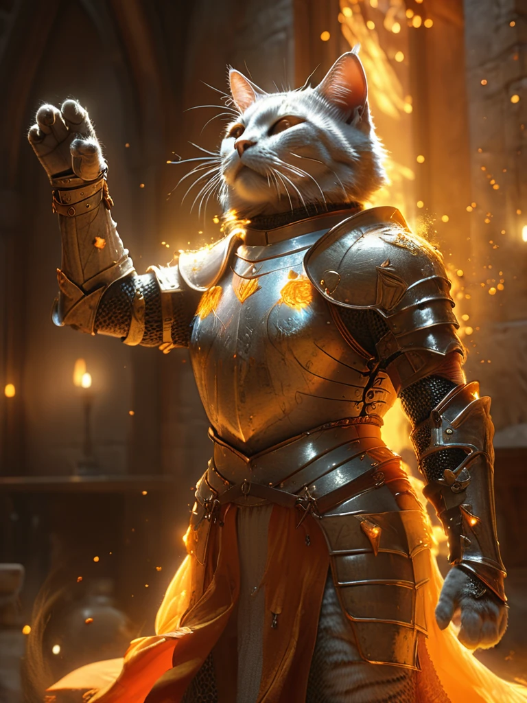 a (full body:1.2) cinematic shot of (an anthro cat:1.1), as orange soul knight, (arms up flexing victory pose:1.2), (soul leaving the body in the style of ethereal light effects:1.2),(soul particles around the knight:1.2), fantasy tavern in background, night, HD, masterpiece, best quality, hyper detailed, ultra detailed, super realistic,highpoly 3D game render,