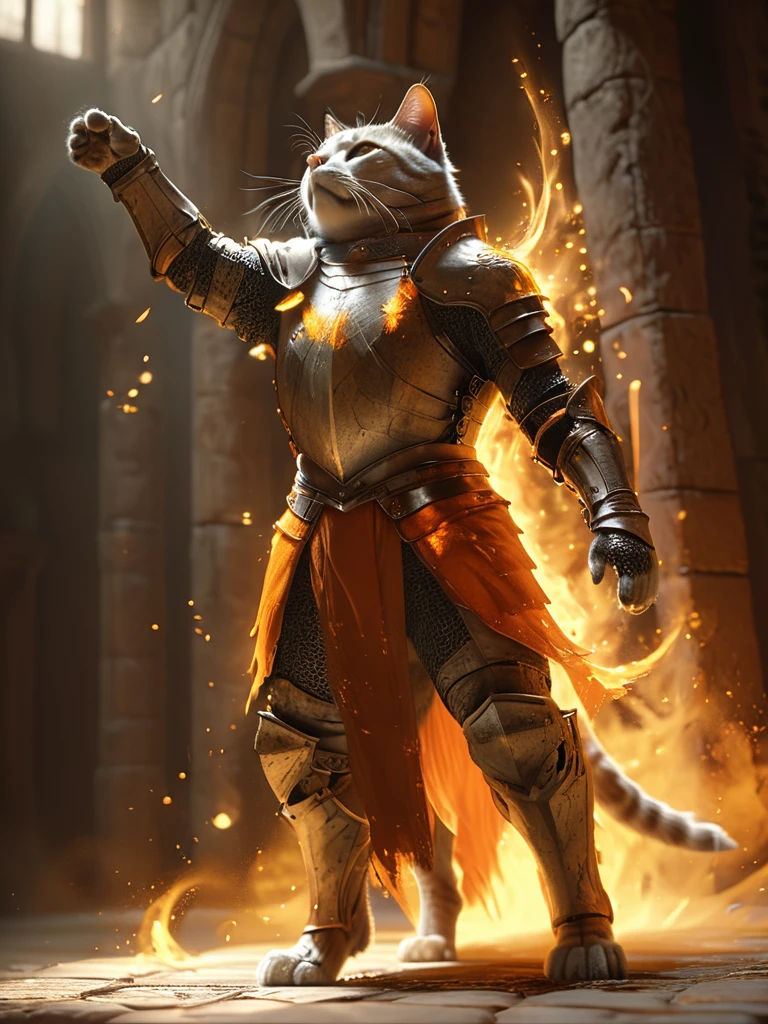 a (full body:1.2) cinematic shot of (an anthro cat:1.1), as orange soul knight, (arms up flexing victory pose:1.2), (soul leaving the body in the style of ethereal light effects:1.2),(soul particles around the knight:1.2), fantasy tavern in background, night, HD, masterpiece, best quality, hyper detailed, ultra detailed, super realistic,highpoly 3D game render,