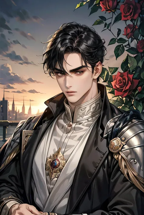Handsome boy, mature, gray eyes, black hair, thick eyebrows, strong jawline, flat facial expression, noble dress, holding a rose...
