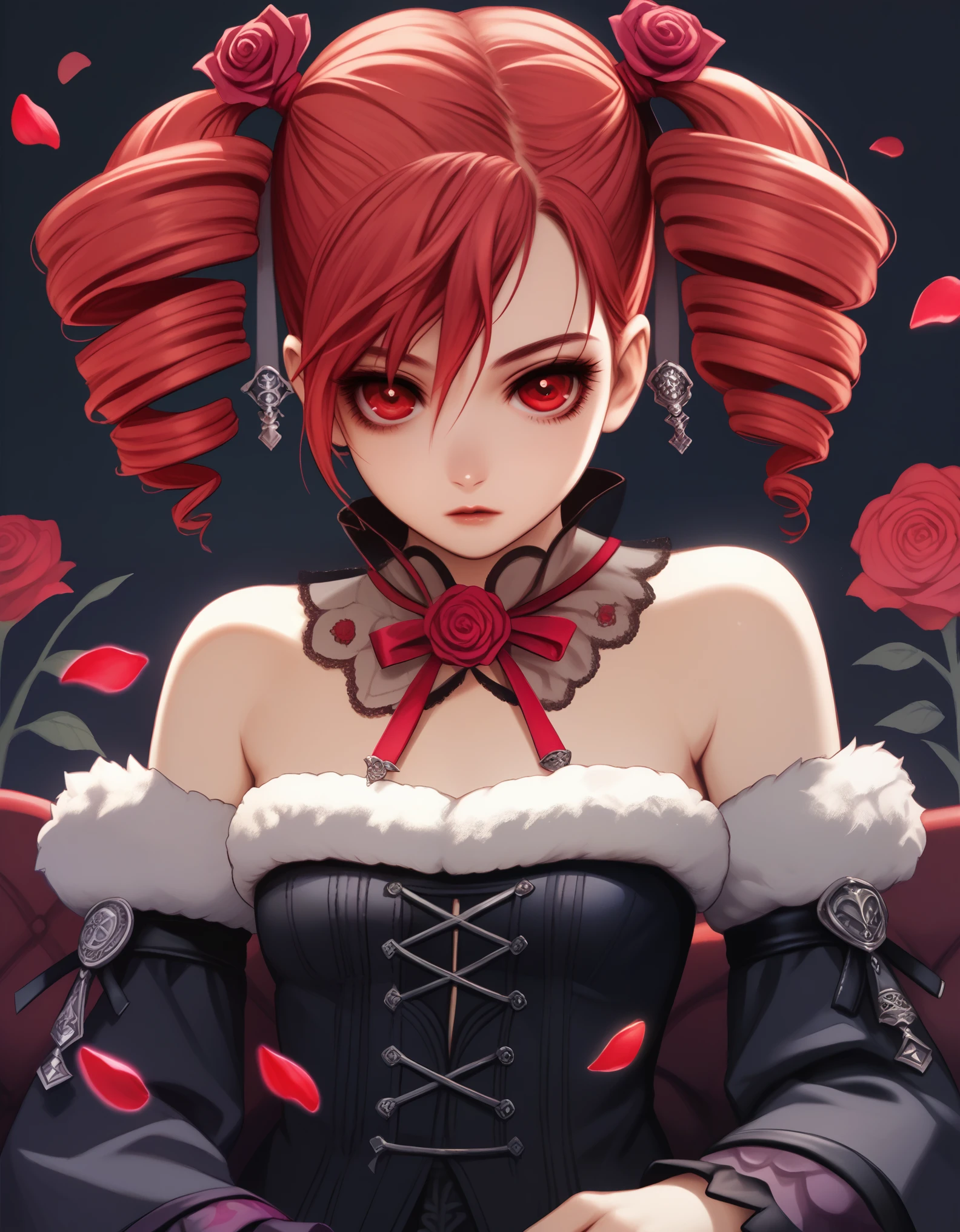 score_9, score_8_up, score_7_up, BREAK source_anime,
Amy Sorel, (SC4:1) (fur trim),  red hair, bare shoulders, gothic, red eyes,  detached sleeves, twin drills, dark background, rose petal background,