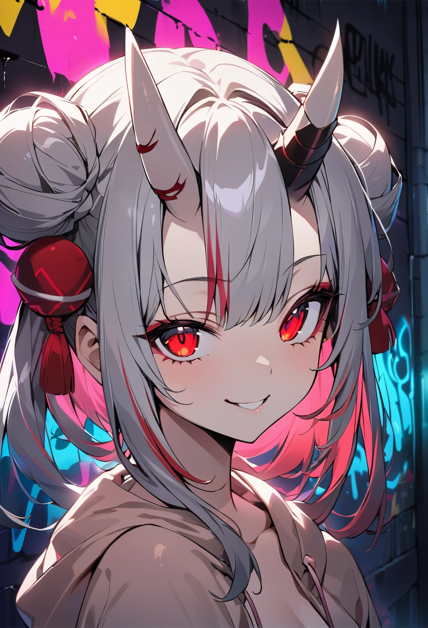 detailed background, masterpiece, highest quality, smile, nakiri ayame, striped hair, demon horn, gray hair, twin buns, red eyes, smile, hoodie, portrait, neon, graffiti, dark, night, shining eyes, Black light、Completely naked