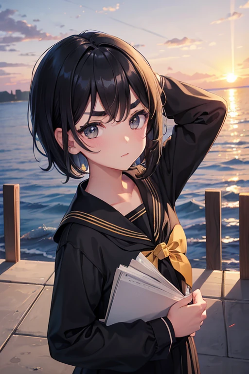 childhood friend,Short Hair,Black Hair,Thick eyebrows,Single,{masterpiece},{high quality},{Super detailed},{Perfect Face},Black Sailor Suit,Library,sunset,I&#39;m sick,smile,I&#39;m staring at you,Devil&#39;s Wings,Red Eyes,Round Glasses,