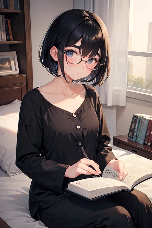 childhood friend,Short Hair,Black Hair,Thick eyebrows,Single,{masterpiece},{high quality},{Super detailed},{Perfect Face},Black pajamas,night,Round Glasses,Reading a book,Literary Girl,room