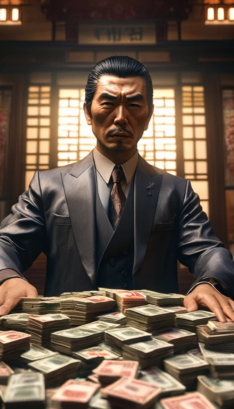 A Yakuza member counting stacks of yen, representing their economic influence, detailed face, detailed face expressions, natural face expressions, face in detail, asymmetrical faced, fair and smooth skin, detailed hands, detailed fingers, masterpiece, cinematic lighting, physically based rendering, lens flare, award winning rendering, perfect rendering detail, 8K, realism, detailed background, everything in detail, cinematic shot, dynamic lighting, 75mm, Technicolor, Panavision, cinemascope, fine details, 8k, HDR, realism, realistic, key visual, film still, superb cinematic color grading, depth of field,