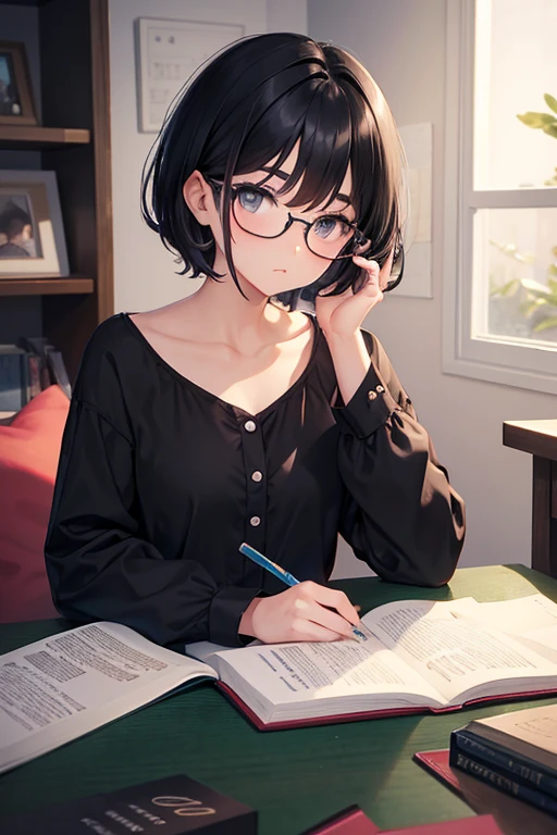 childhood friend,Short Hair,Black Hair,Thick eyebrows,Single,{masterpiece},{high quality},{Super detailed},{Perfect Face},Black pajamas,midnight,Round Glasses,Writing a novel,Literary Girl,room