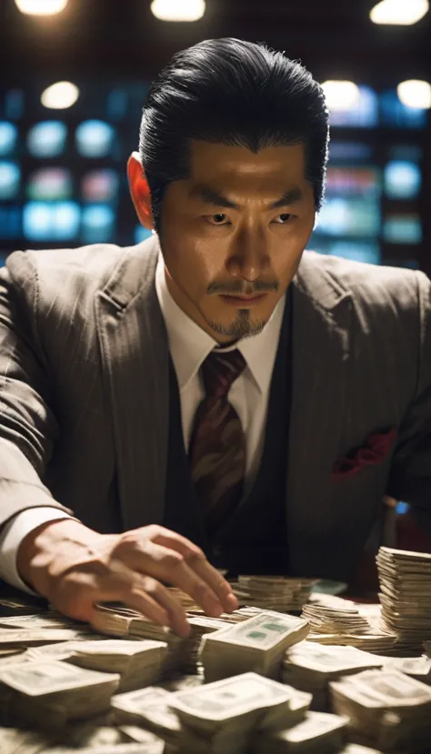 a yakuza member counting stacks of yen, representing their economic influence, detailed face, detailed face expressions, natural...