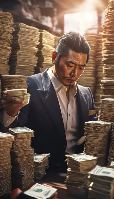 a yakuza member counting stacks of yen, representing their economic influence, detailed face, detailed face expressions, natural...