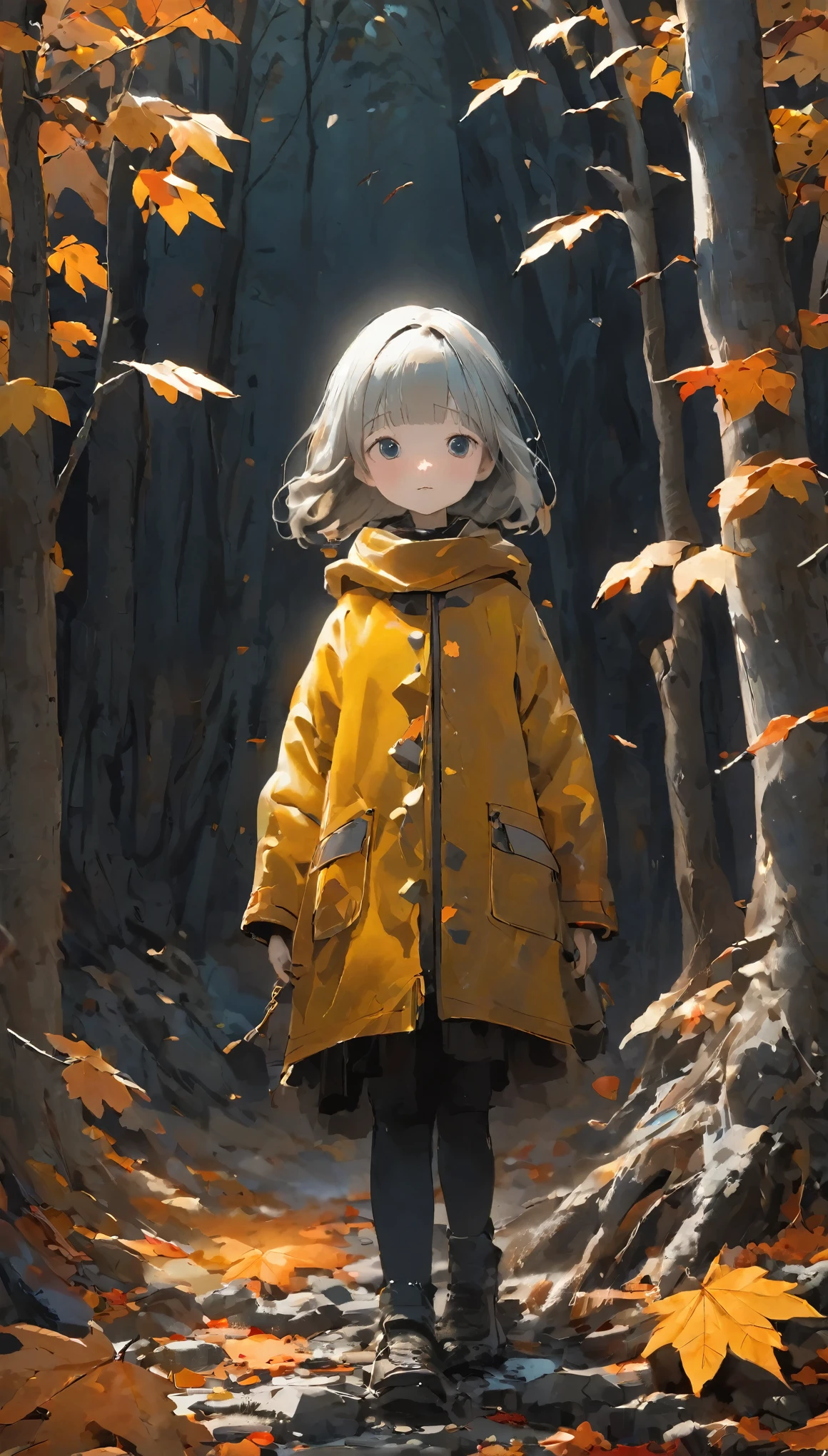 girl, Surreal art,solo、Little Woman、shortcut、Natural color clothes、Natural look、mineral pigments, 3D Clay sculpture art, Clay sculpture, Rough surface, (slope,slope background,Jet black background,Eat food,alone,Are standing),highest quality、Ultra-detailed、High quality details、８ｋ、autumn leaves:1.5、deep autumn forest、Tree leaking day、silence