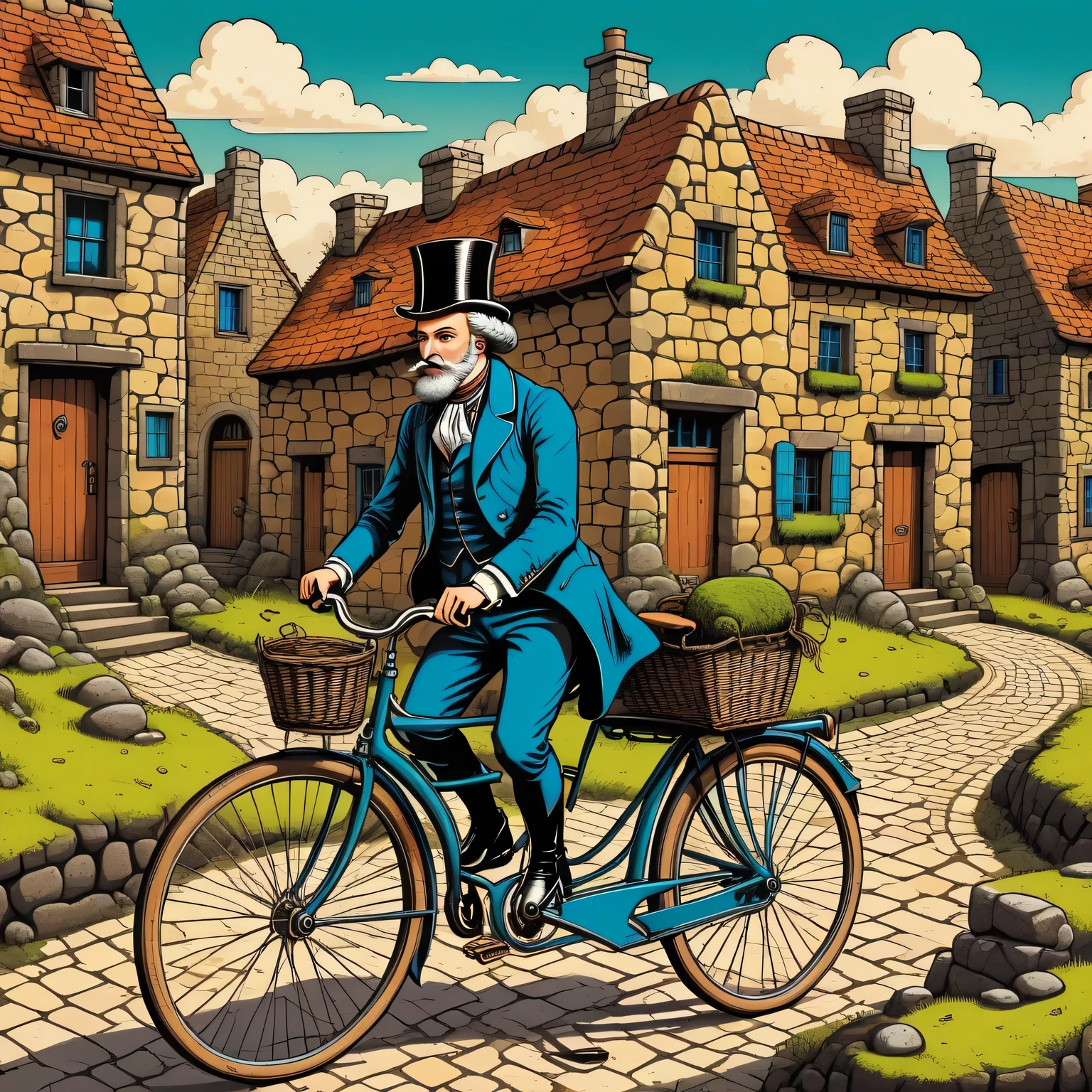 Aesthetics of vector graphics, surreal image of an 18th century gentleman on a retro bicycle, riding a bicycle along the street of a drawn ancient city, houses made of stones covered with moss and grass, surreal image of a retro bicycle, vector graphics, high resolution, clear outlines, colorful gradients