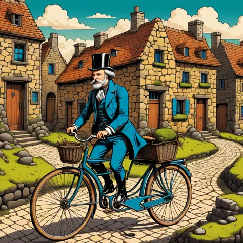 Aesthetics of vector graphics, surreal image of an 18th century gentleman on a retro bicycle, riding a bicycle along the street ...