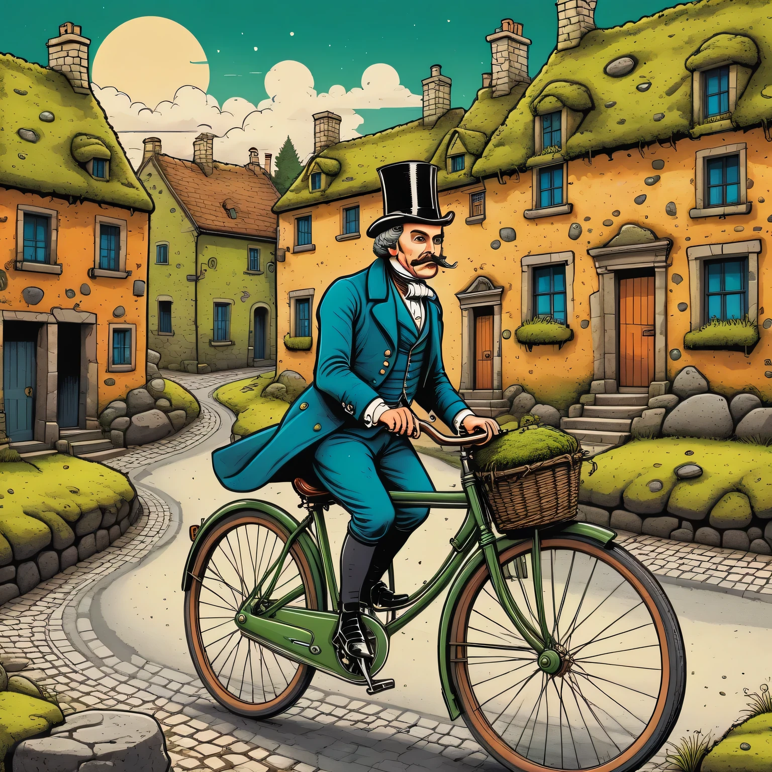 Aesthetics of vector graphics, surreal image of an 18th century gentleman on a retro bicycle, riding a bicycle along the street of a drawn ancient city, houses made of stones covered with moss and grass, surreal image of a retro bicycle, vector graphics, high resolution, clear outlines, colorful gradients