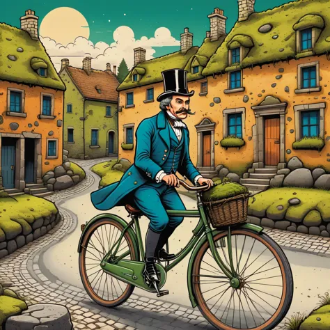 Aesthetics of vector graphics, surreal image of an 18th century gentleman on a retro bicycle, riding a bicycle along the street ...