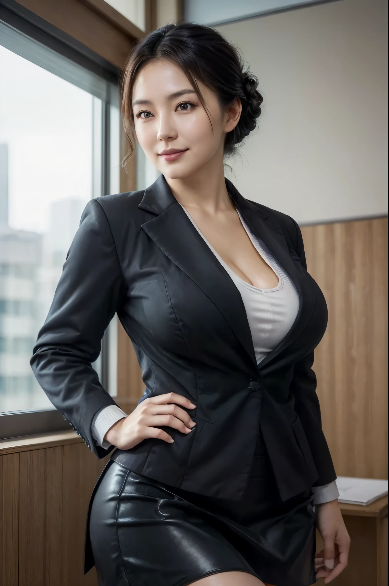 (masterpiece, highest quality, Realistic, High resolution, photograph, :1.3), Sharp focus, 1 Cute Japanese mature woman, 40 years old, Hot Model, Highly detailed eyes and pupils, Realistic Skin, ((Voluptuous body:1.2)), ((big tits:1.2)), big ass, Neckline, Highly detailed hair, Delicate face, Sensual look, Bright lips, Chubby lips, Natural Lip, big thick thighs, ((updo hair:1.2)), ((business jacket:1.5)), ((business tight skirt:1.5)), in office, ((whole body shot)), standing pose, smile, ((from below)),