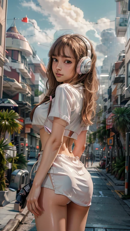 masterpiece, highest quality, Very detailed, 8k, RAW Photos, Realistic, One Girl, alone, Rim Light, Very detailed face, (Contrasting:1.1), Butt、Looking back, smile, Amazingly cute young Russian girl, Droopy eyes, pale pink plump lips, Light brown straight medium hair、With bangs, Light brown thin eyebrows, Oily skin, Wet Skin, Wearing an ivory and pink cyberpunk style bikini and jacket, Put on some high-tech headphones, Mid-chest, Cyberpunk city residential area, thunderclouds in the sky, Midsummer、