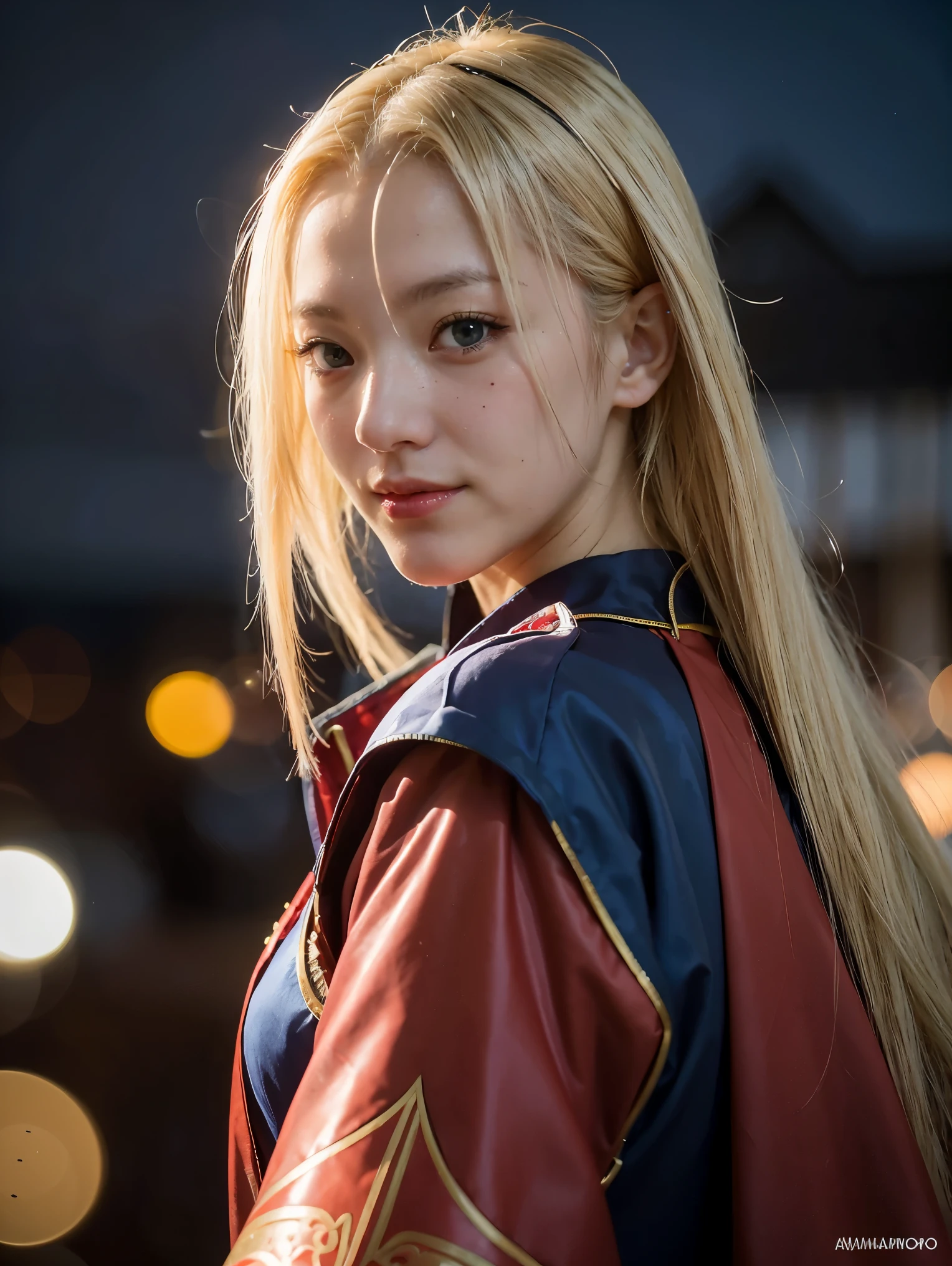 a close up of a person with long hair and a doctor strange super hero costume, yamanaka ino, yamanaka ino from anime naruto shippuden, as an anime character, perfect anime face, she has yellow hair with bangs, female anime character, anime character, anime best girl, hime cut hairstyle, yellow hair, wearing a doctor strange super hero costume, (red glossy lips:1.3), blue eyes, smile, realistic, wear doctor strange super hero costume, ultra detail, city background, (beautiful face:1.3)