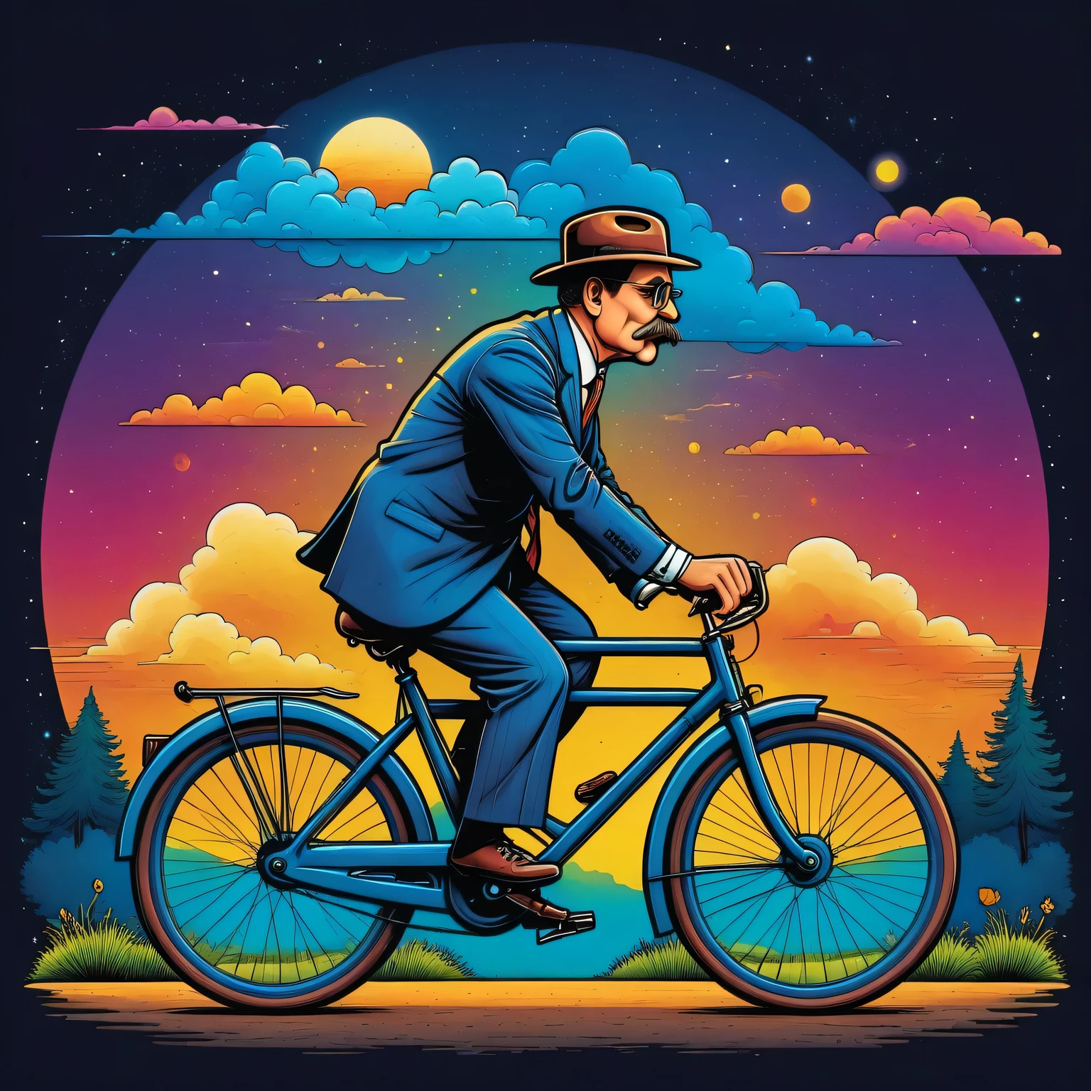 Vector graphics aesthetics, surreal image in the style of H.G. Wells, When I see a grown man on a bicycle, I am calm for humanity, vector graphics, high resolution, clear outlines, colorful gradients