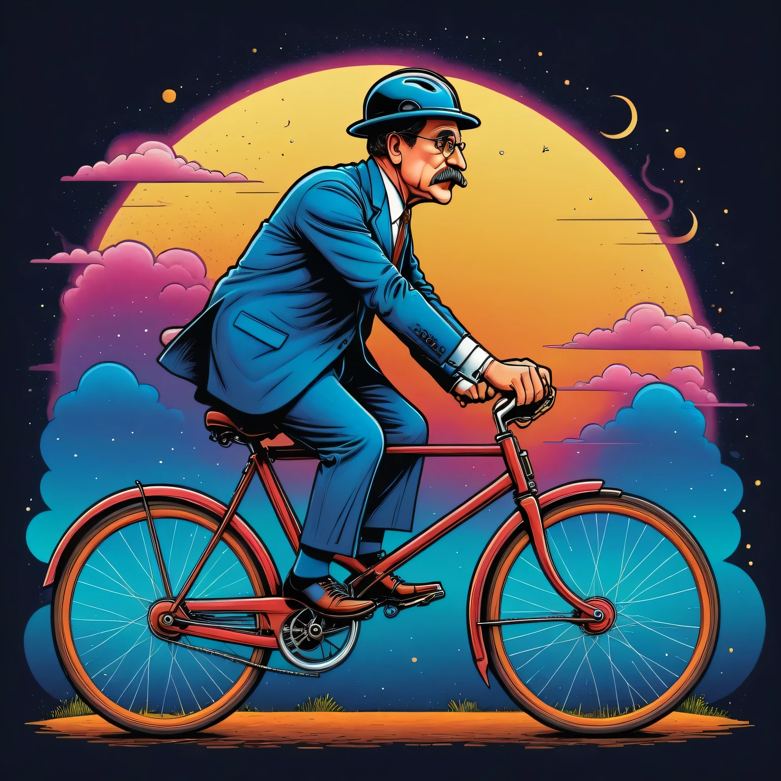 Ästhetik der Vektorgrafik, surreales Bild im Stil von H.G. Brunnen, Wenn ich einen erwachsenen Mann auf einem Fahrrad sehe, Ich bin ruhig für die Menschheit, Vektorgrafiken, Hohe Auflösung, klare Konturen, bunte Farbverläufe