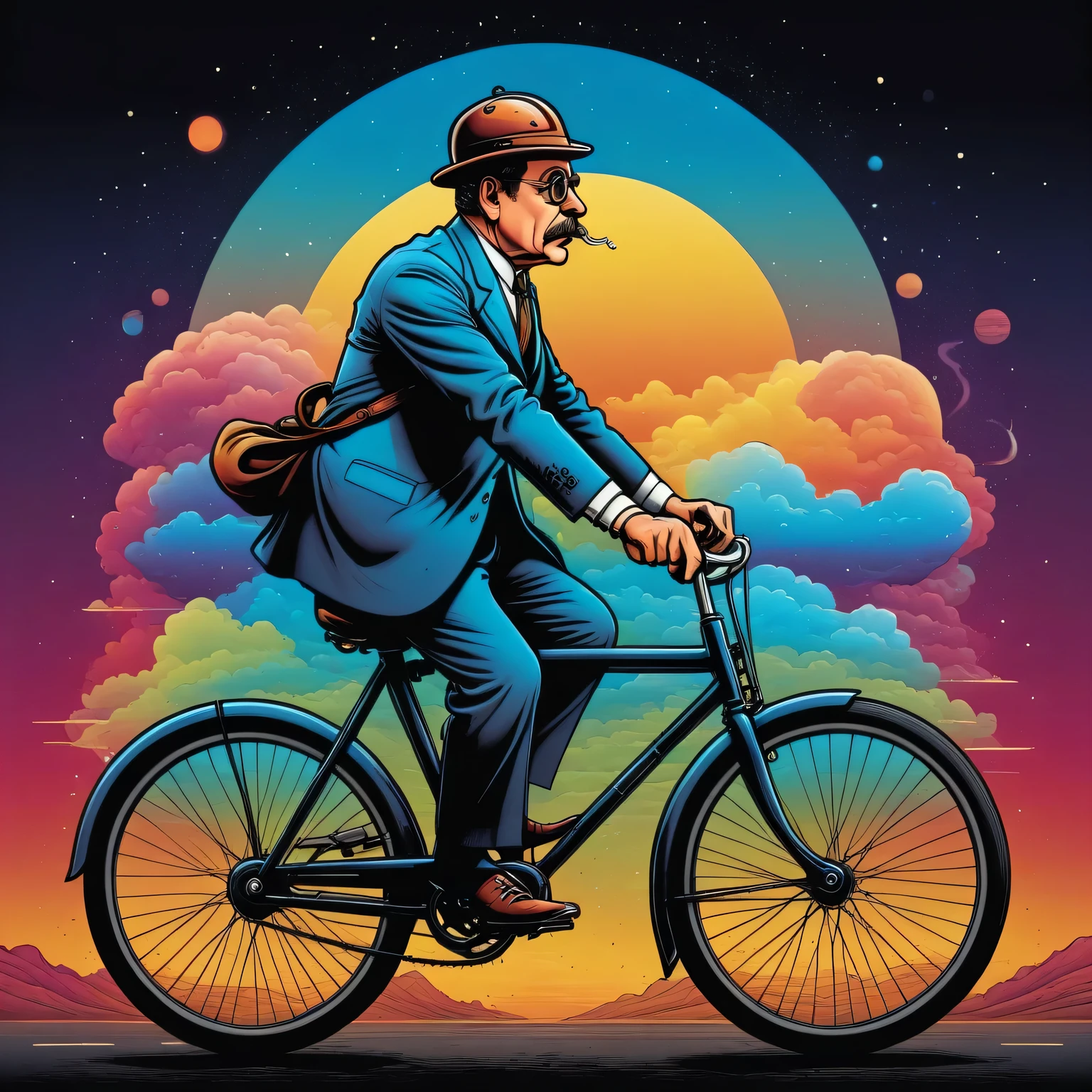 Vector graphics aesthetics, surreal image in the style of H.G. Wells, When I see a grown man on a bicycle, I am calm for humanity, vector graphics, high resolution, clear outlines, colorful gradients