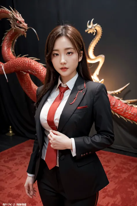 anime woman in a suit and tie with a dragon in the background, dragon - inspired suit, by Yang J, human and dragon fusion, hands...