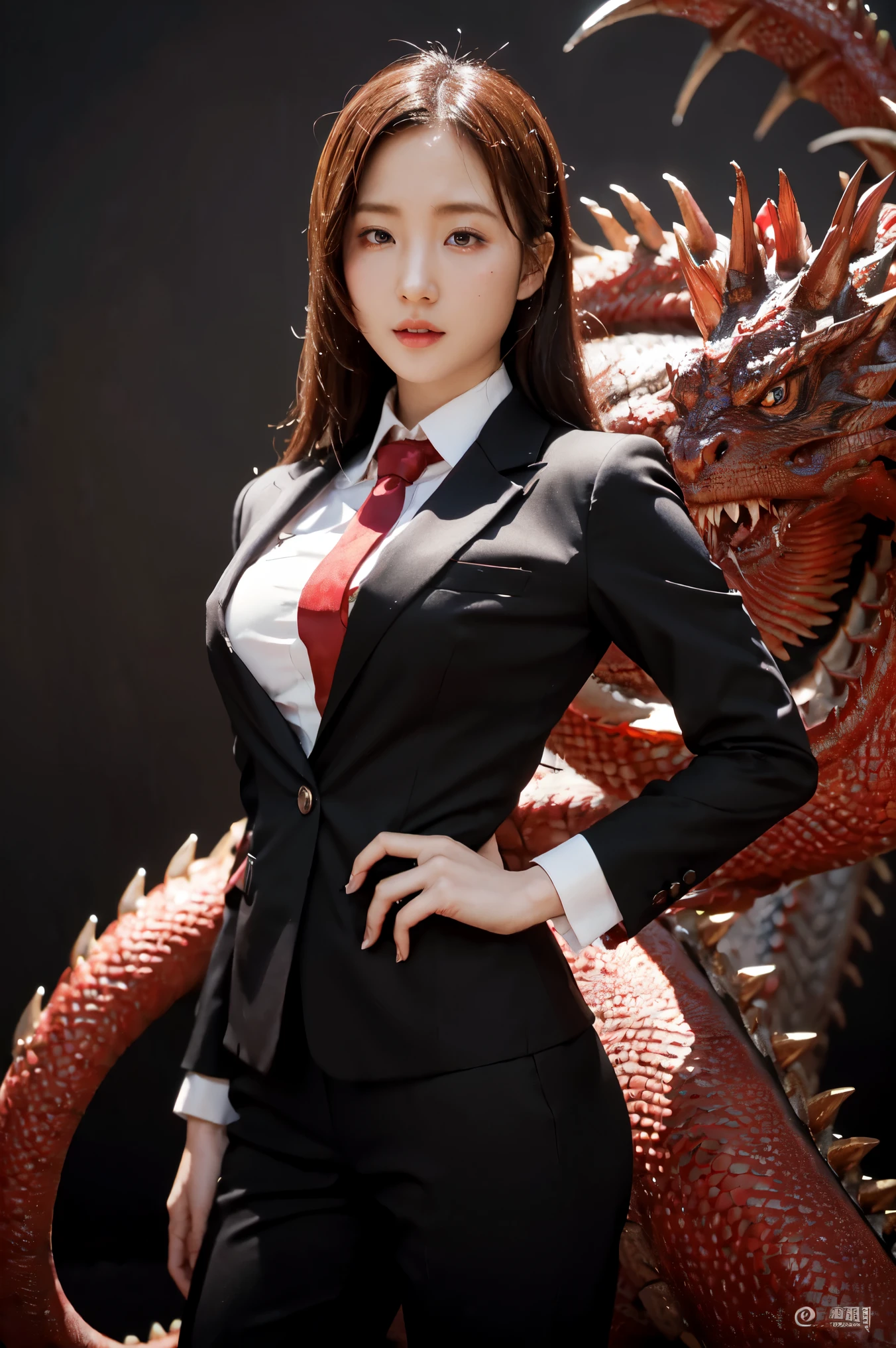 anime woman in a suit and tie with a dragon in the background, dragon - inspired suit, by Yang J, human and dragon fusion, handsome japanese demon girl, handsome girl in demon slayer art, epic and classy portrait, trendin on artstation, by Oliver Sin, crimson attire, black and red suit, highly detailed exquisite fanart, handsome female vampire