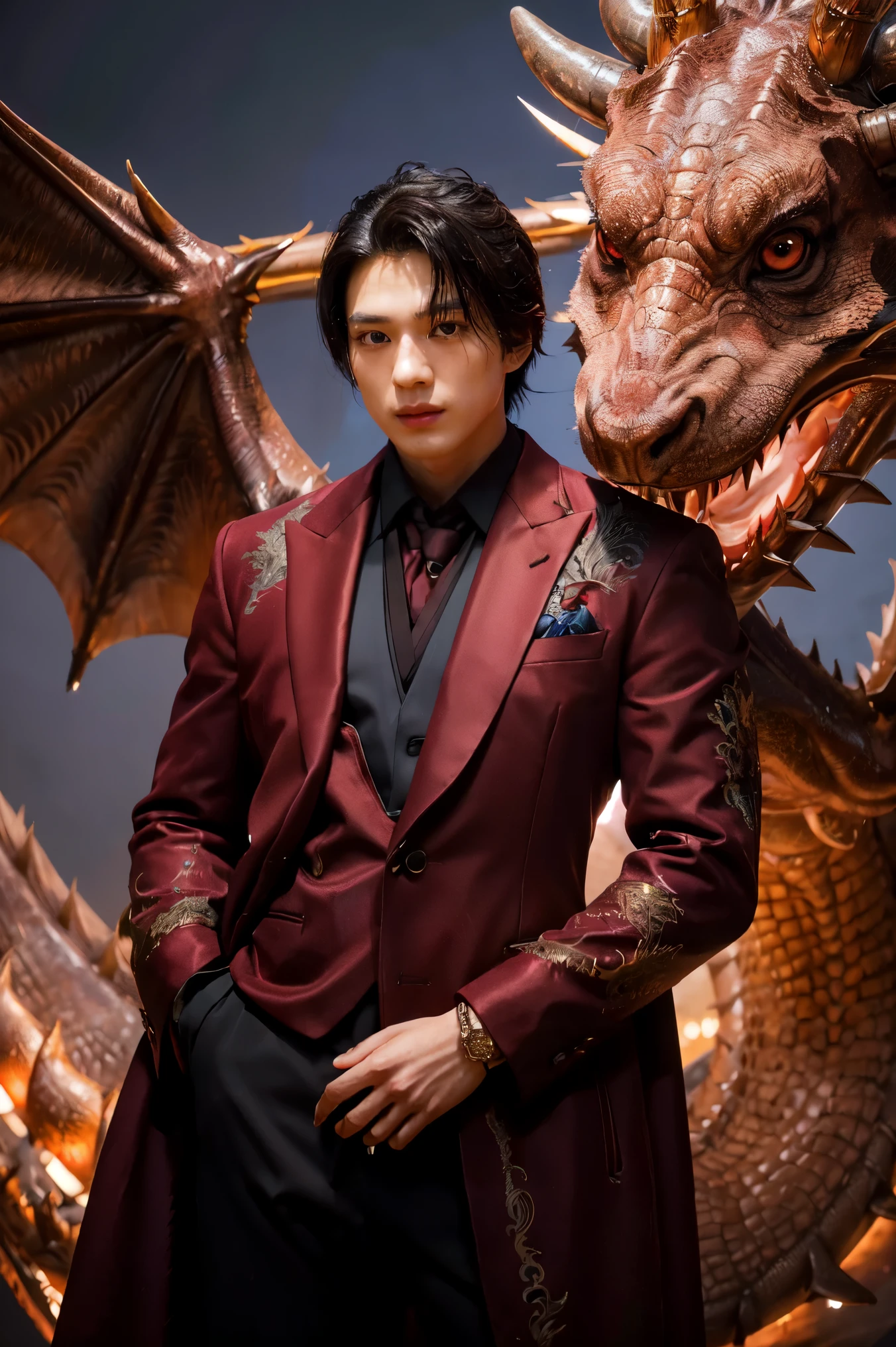 homme anime en costume et cravate avec un dragon en arrière-plan, costume inspiré du dragon, par Yang J., fusion humain et dragon, Belle fille démoniaque japonaise, Belle fille dans l’art de Demon Slayer, portrait épique et classe, tendance sur artstation, par Oliver Sin, tenue cramoisie, costume noir et rouge, fanart exquis très détaillé, belle femme vampire